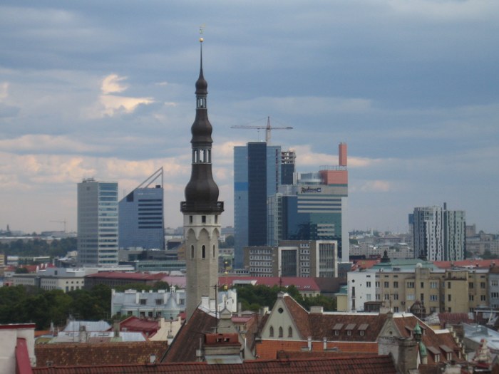 Dachy i wieże Starego Miasta oraz nowsza zabudowa Tallinna, widok z Kohtuotsa.